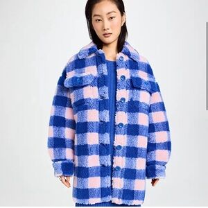 Stand Studio Sabi Oversized Blue‎ & Pink Plaid Fuzzy Shacket Jacket Sz 32
